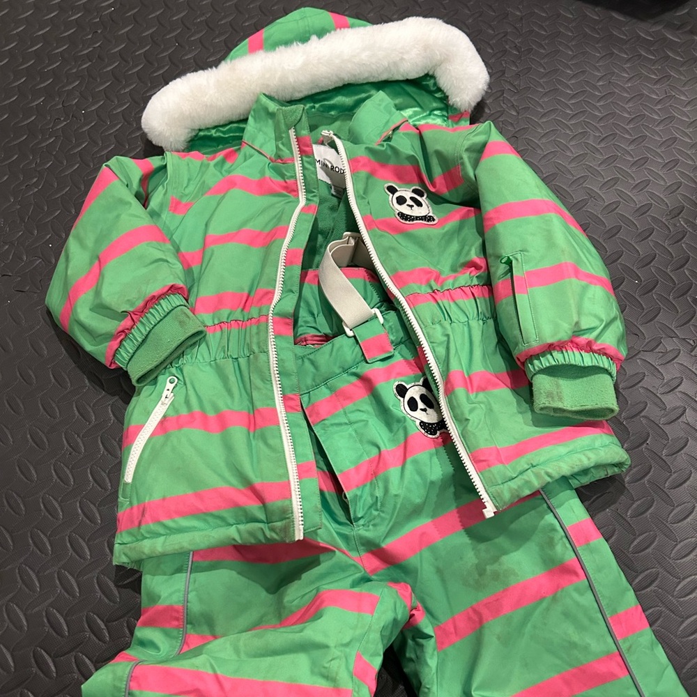 Mini Rodini Green and Pink Panda Ski Outfit size 7Y-9Y